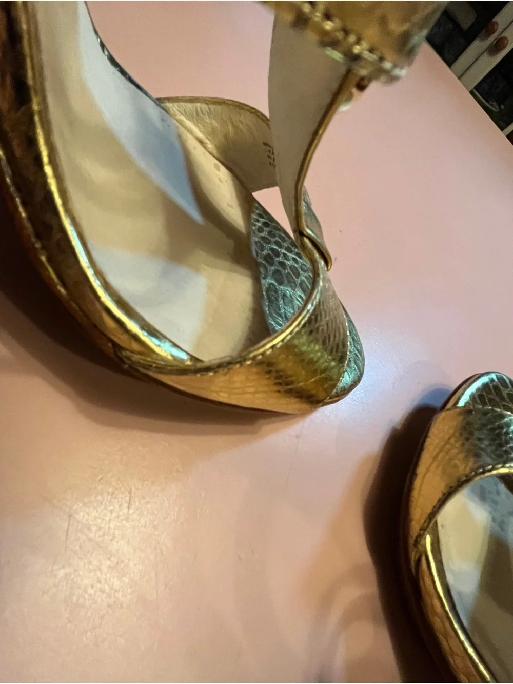 MIchael Kors Gold snakeskin print Metallic Strappy High Heels - Picture 13 of 13